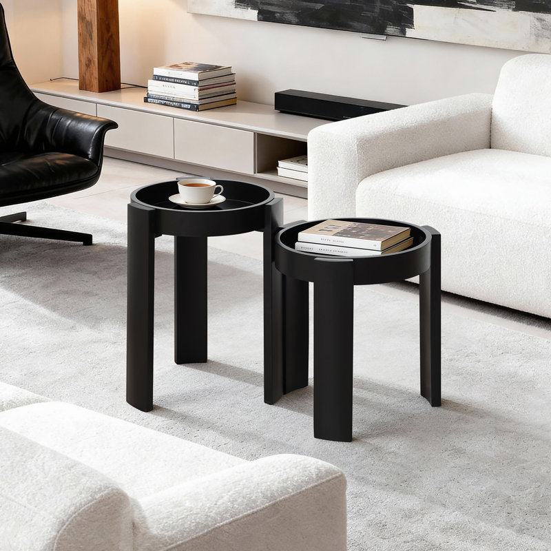 Latitude Run® Black Nesting Side Tables Set of 2, Round MDF End Tables ...